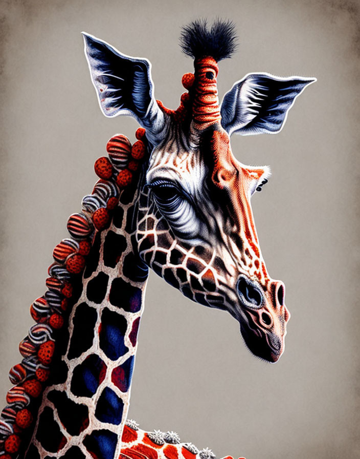 Exaggerated giraffe with vibrant patterns on grey background