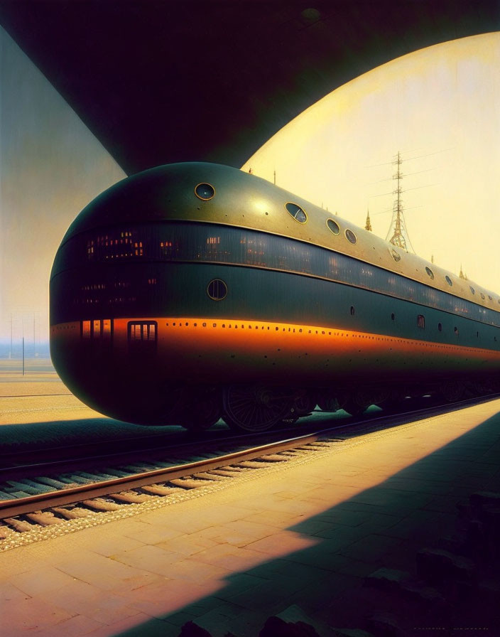 Sleek futuristic train on tracks with dramatic arch and power lines in golden sunlight