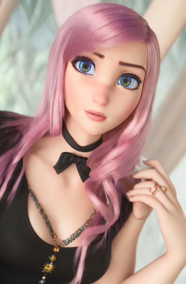 Digital illustration of woman with pink hair, blue eyes, in black outfit with bowtie, star necklace