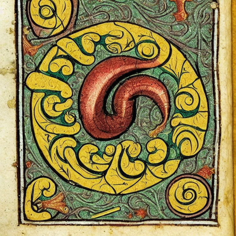 Detailed close-up of colorful medieval manuscript letter with gold, red, and green illumination