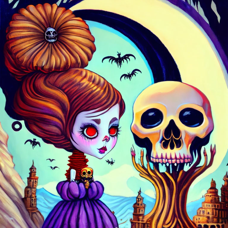 Colorful painting of woman with large eyes and skull-necked figure in whimsical scene.