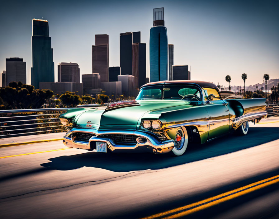 Vintage Green Car with White Wall Tires Driving Downtown Skyline on Sunny Day