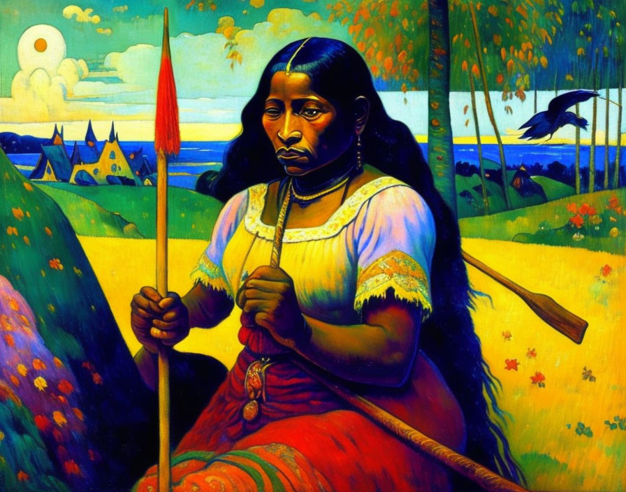 Colorful painting of indigenous woman with spear, bird, village, and sun.