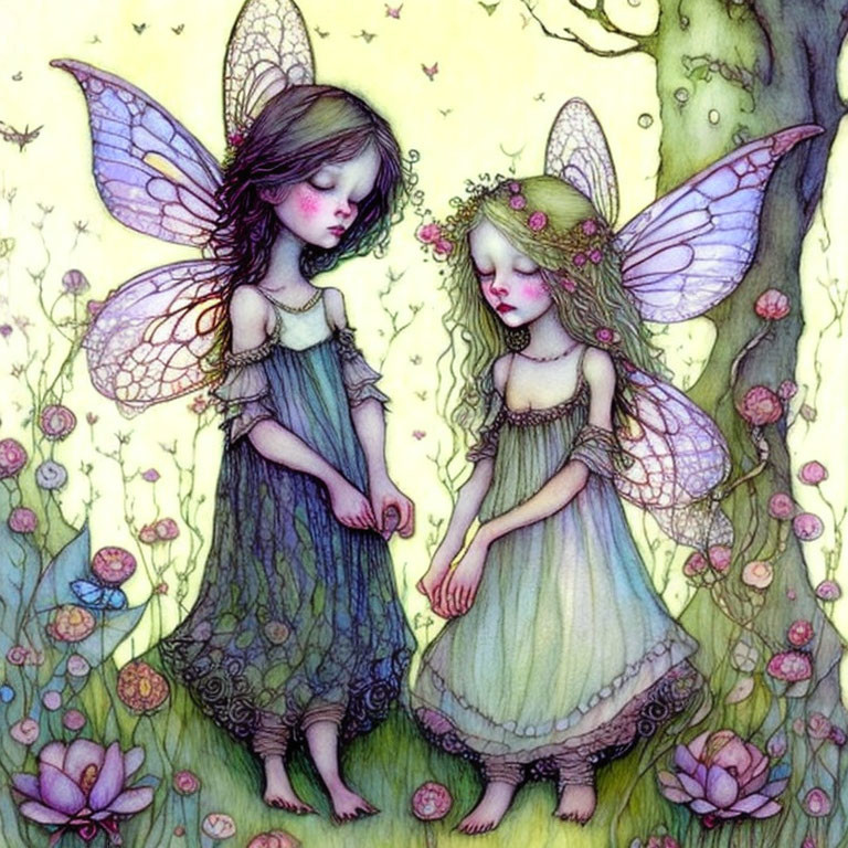 Whimsical fairies with translucent wings in a flower garden holding hands