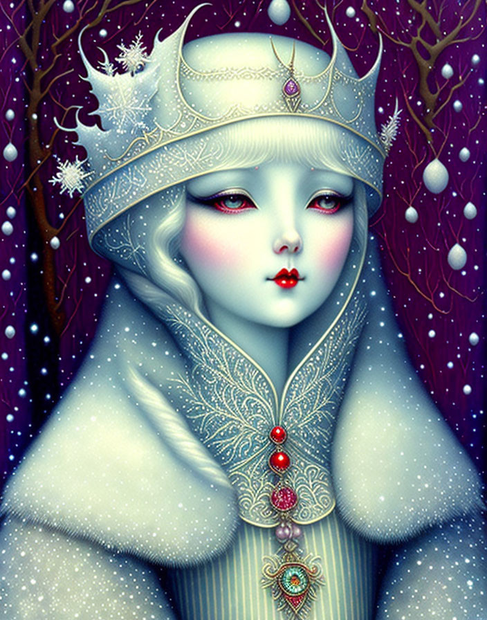 Pale woman with silver hair in white fur hat and robe against snowy backdrop