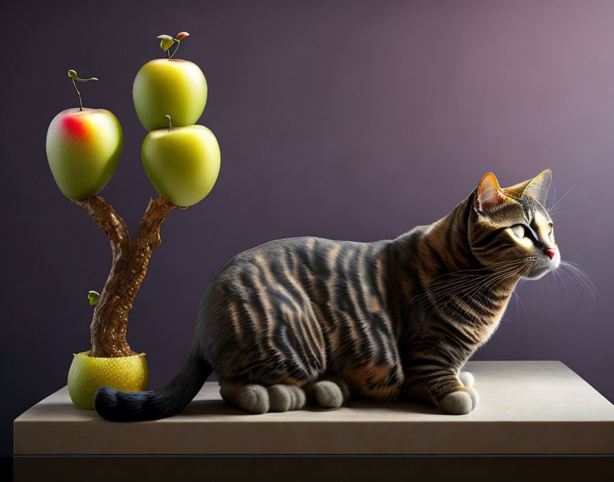 Tabby cat beside whimsical tree sculpture with green apples on purple background.