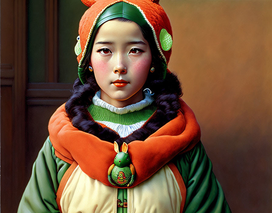 Colorful painting of a girl with rosy cheeks in layered outfit with frog accessory