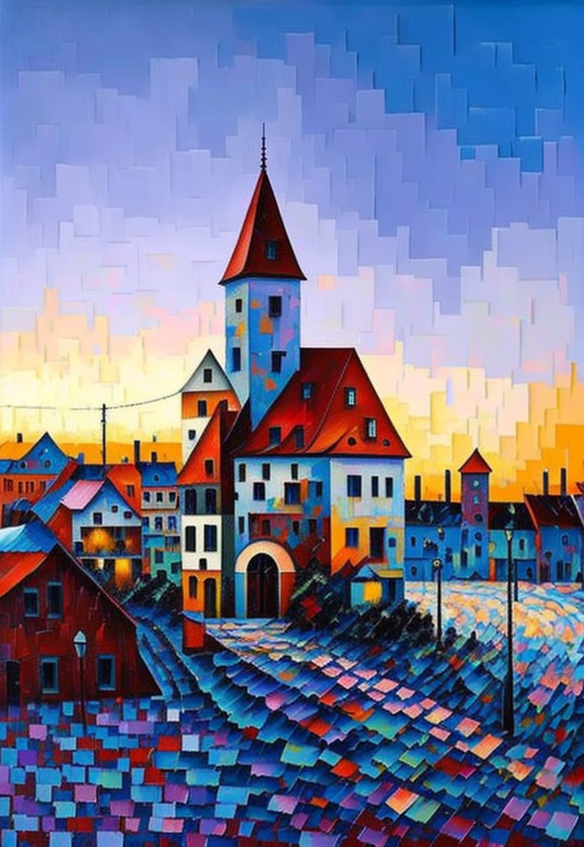 Vibrant sunset village painting with red-roofed houses