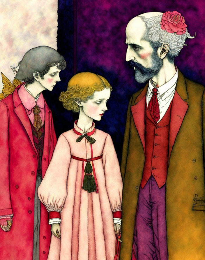 Victorian-era styled illustration of two women and one man in colorful attire on purple backdrop