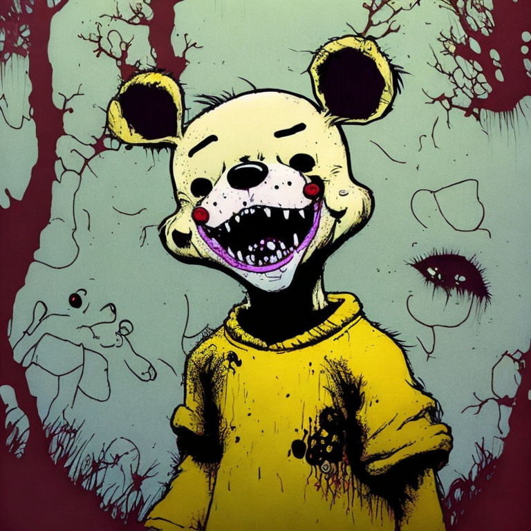 Sinister Cartoon Bear with Oversized Smile on Spooky Background