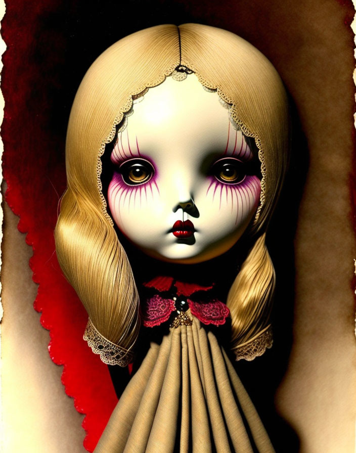 Blonde-haired doll in vintage dress with large eyes - gothic and eerie aesthetic