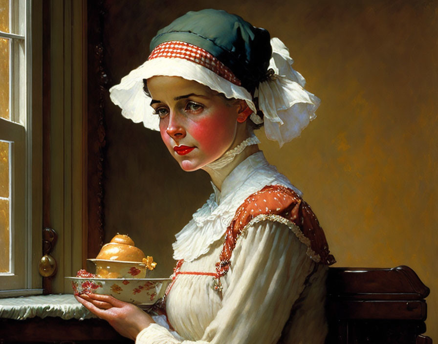 Vintage Attired Woman with Bonnet Holding Bowl by Window