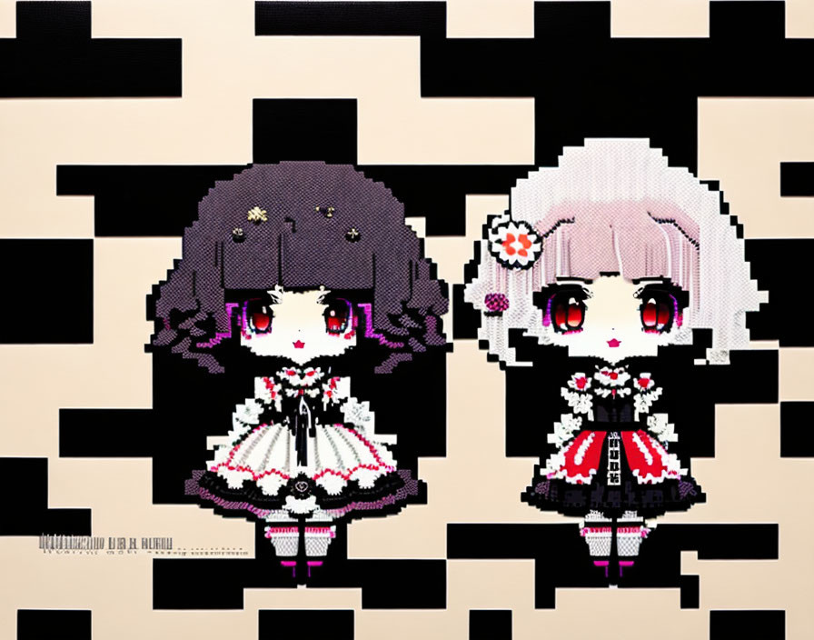 Pixel art-style female characters with large eyes in frilly dresses on patterned background