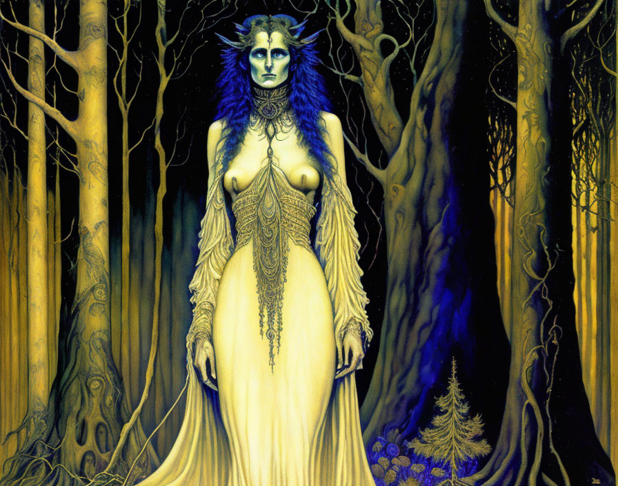 Mystical female figure with blue skin in golden attire in enchanted forest