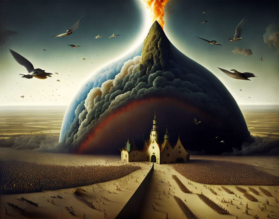 Surreal painting of castle, volcano, and tiny figures