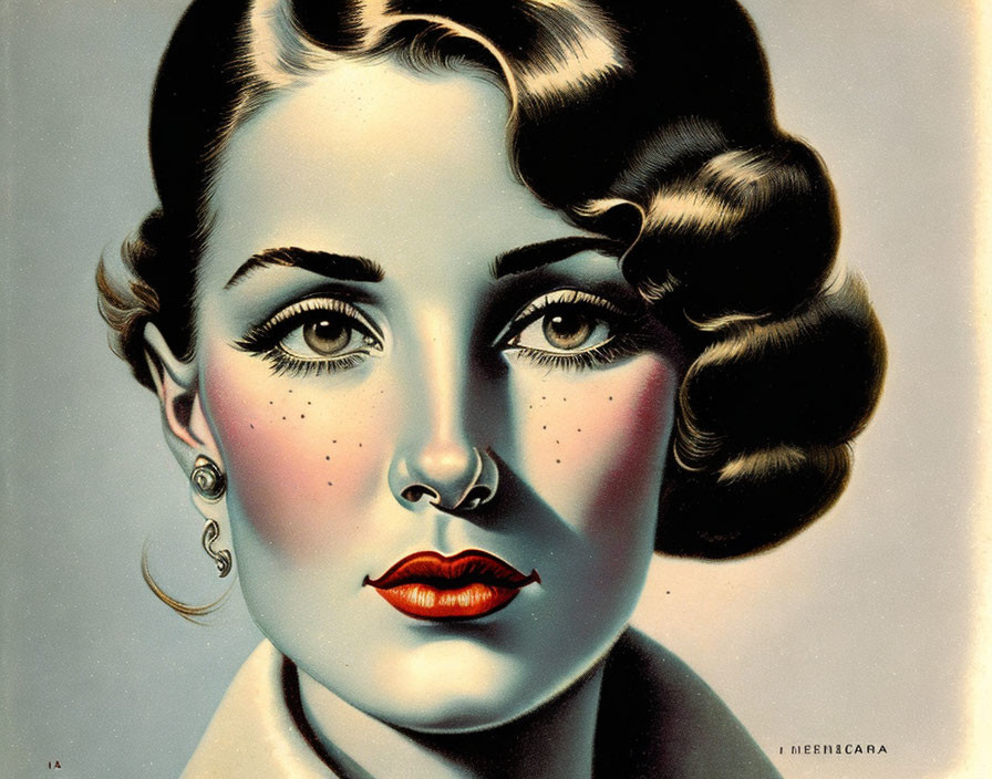 Vintage Illustration of Woman with Wavy Hair and Red Lipstick