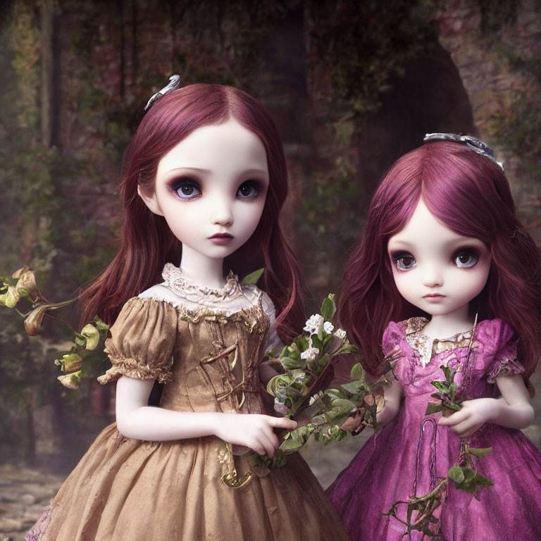 Intricately Designed Dolls with Expressive Eyes in Fairytale Setting