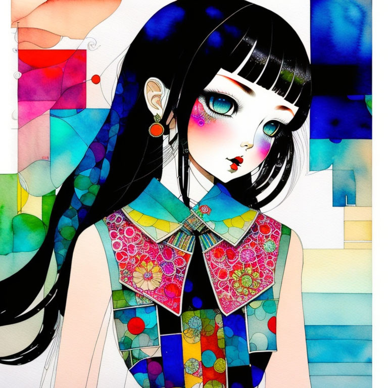 Vibrant illustration of a stylized girl with black hair and colorful makeup in a blend of traditional