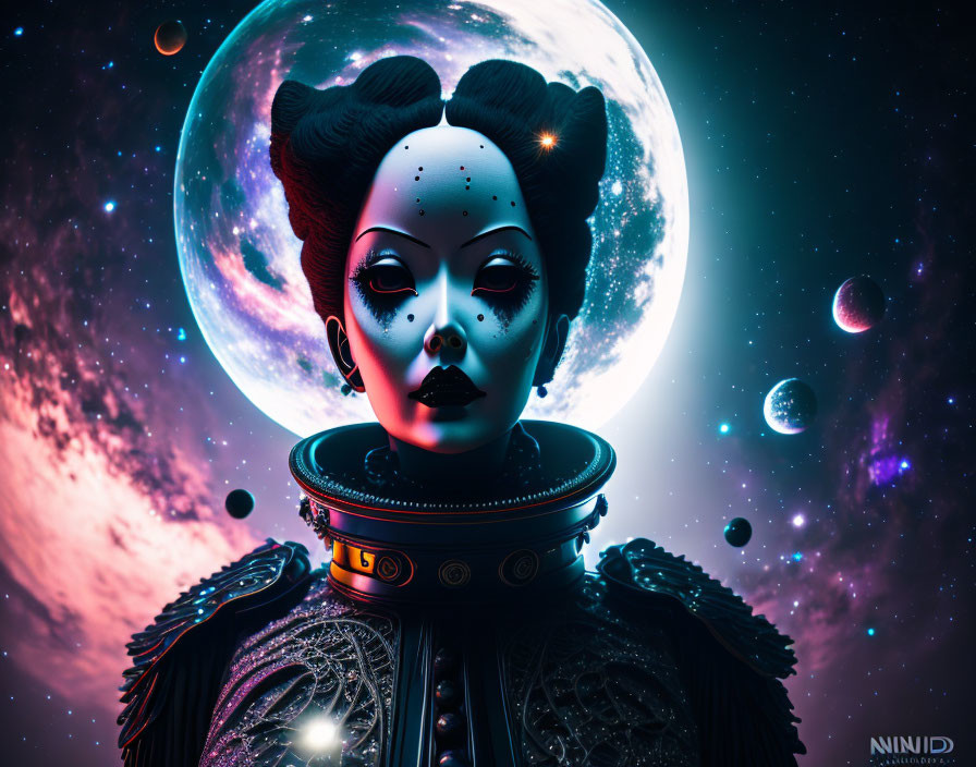 Stylized female figure with dark makeup in surreal cosmic portrait