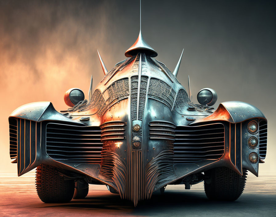 Futuristic metallic vehicle with sharp edges in orange sky