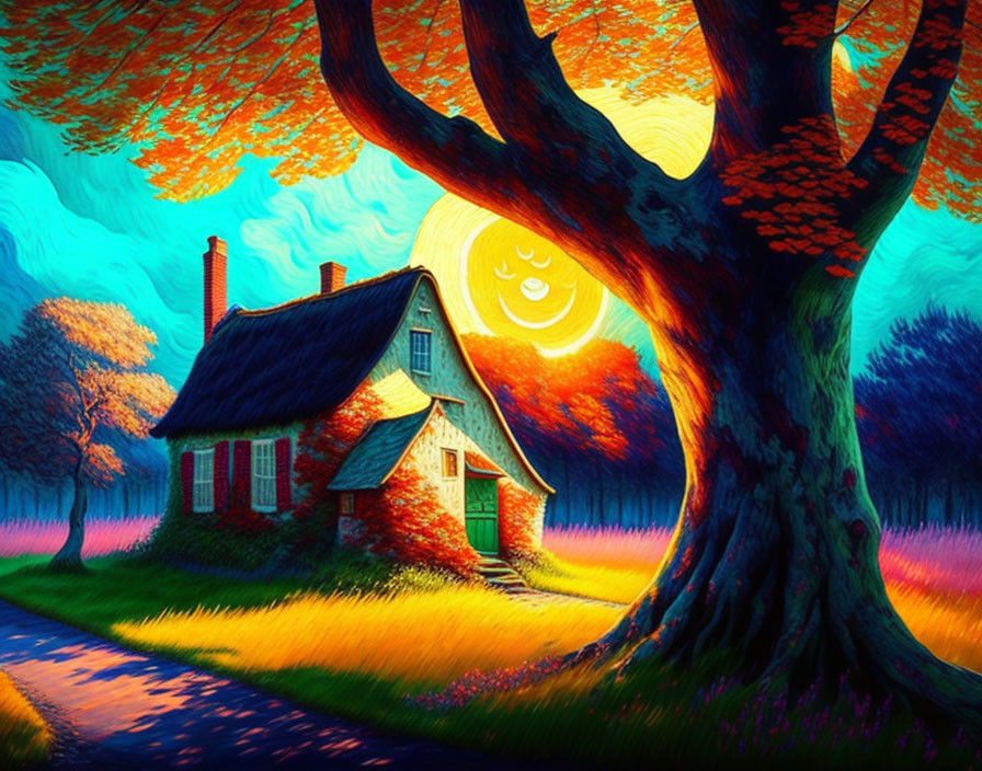 Colorful digital artwork: Cozy cottage, large tree, smiling moon in sunset sky