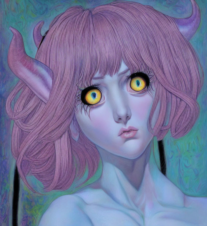 Fantasy character with pink hair, horns, and yellow eyes on teal background