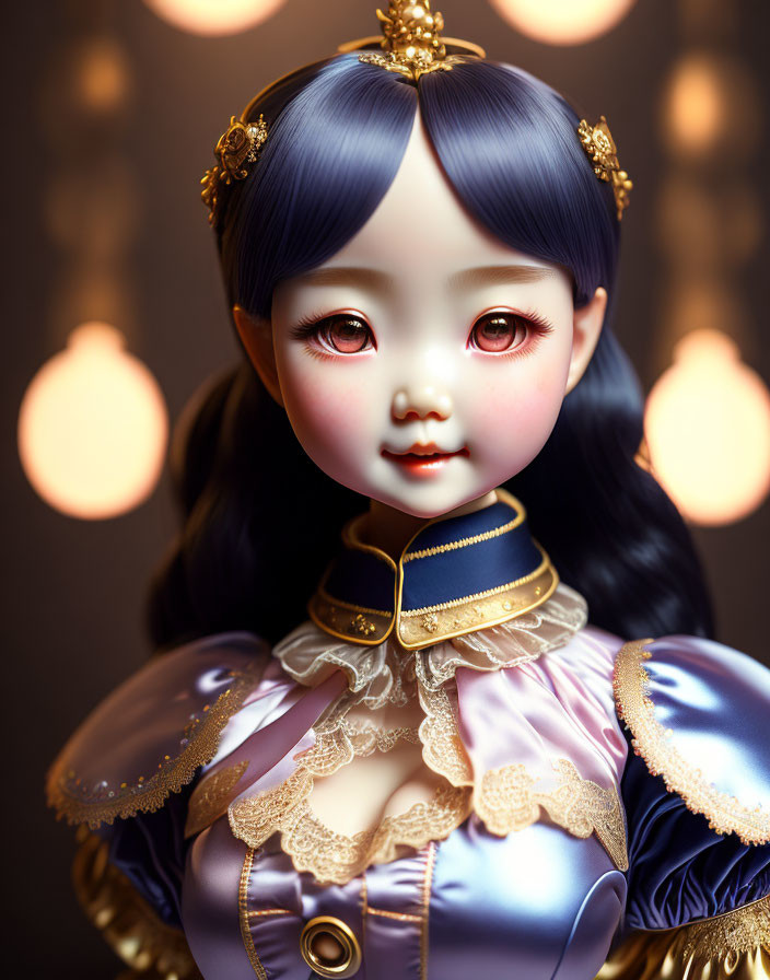 Digital Artwork: Doll with Large Eyes in Purple Victorian Dress