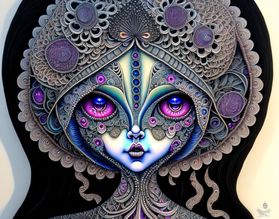 Detailed digital artwork of female figure with ornate headgear and vibrant colors