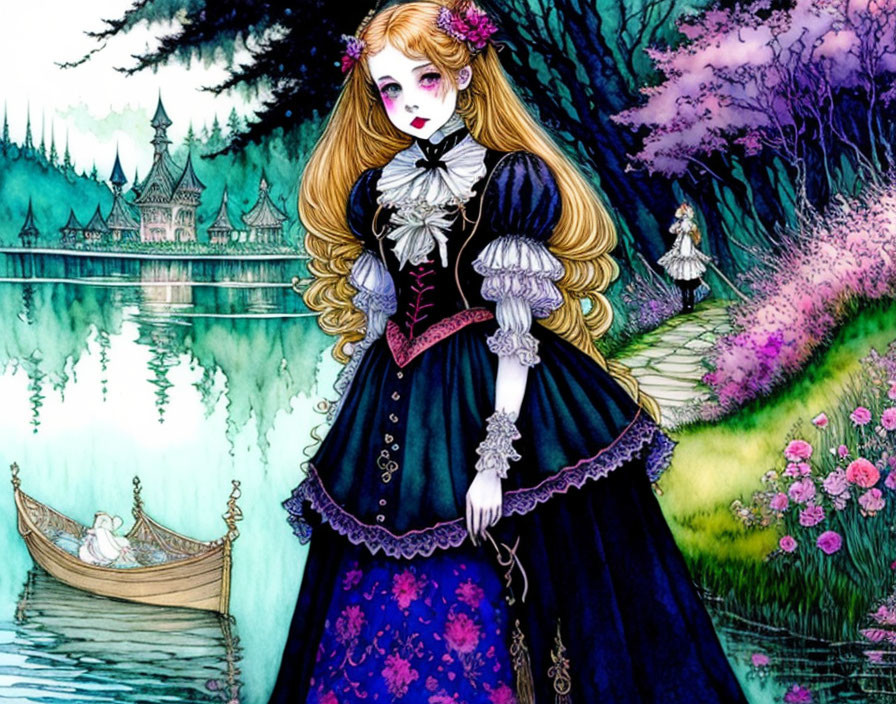 Blonde anime girl in Victorian dress near lake with castle and boat