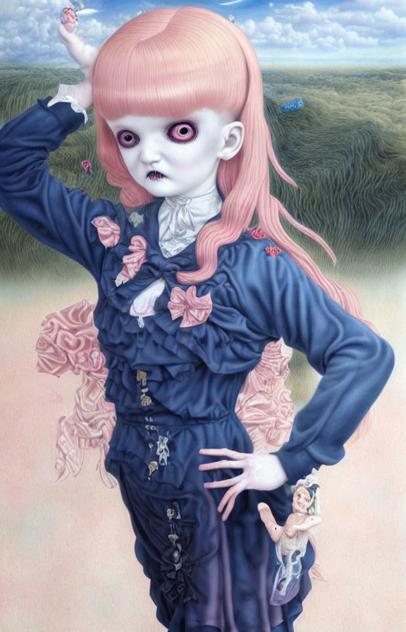 Surreal artwork featuring girl with pink hair and doll-like figure in grassy landscape