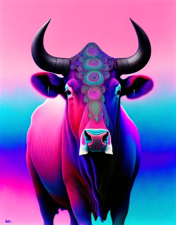 Colorful bull digital art with intricate patterns on forehead on neon background