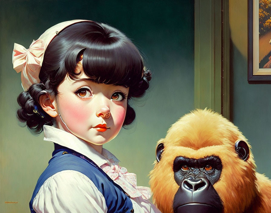 Hyperrealistic Painting: Dark-Haired Girl with Bow and Golden-Haired Gorilla in Poignant