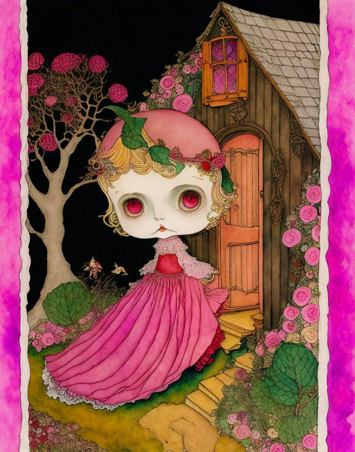 Wide-eyed girl in pink dress by whimsical cottage with pink flowers