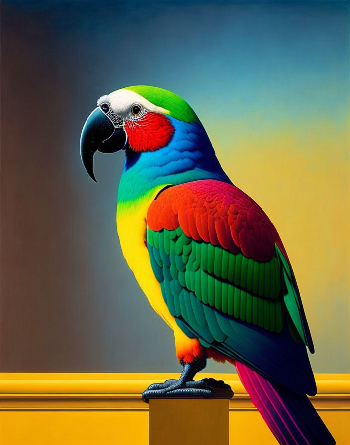 Vibrant colorful parrot on stand with green, blue, red, and yellow plumage against