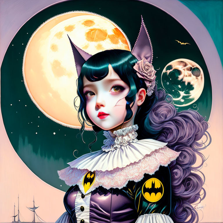 Stylized illustration of girl with cat ears and bat wings in Victorian dress under moonlit sky