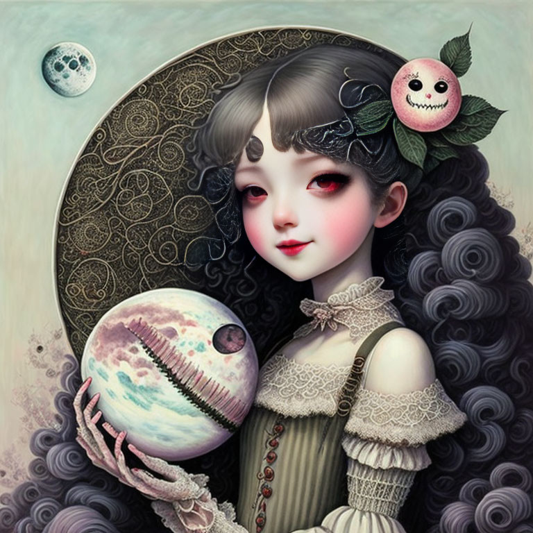 Whimsical girl holding planet with moon and creature on shoulder