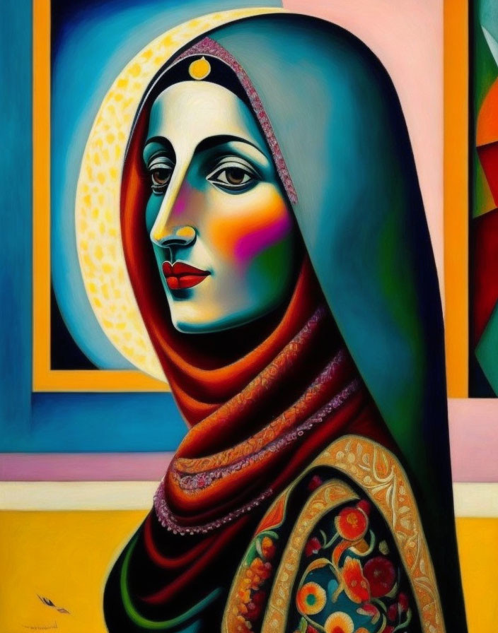 Vibrant painting of woman in headscarf with geometric patterns