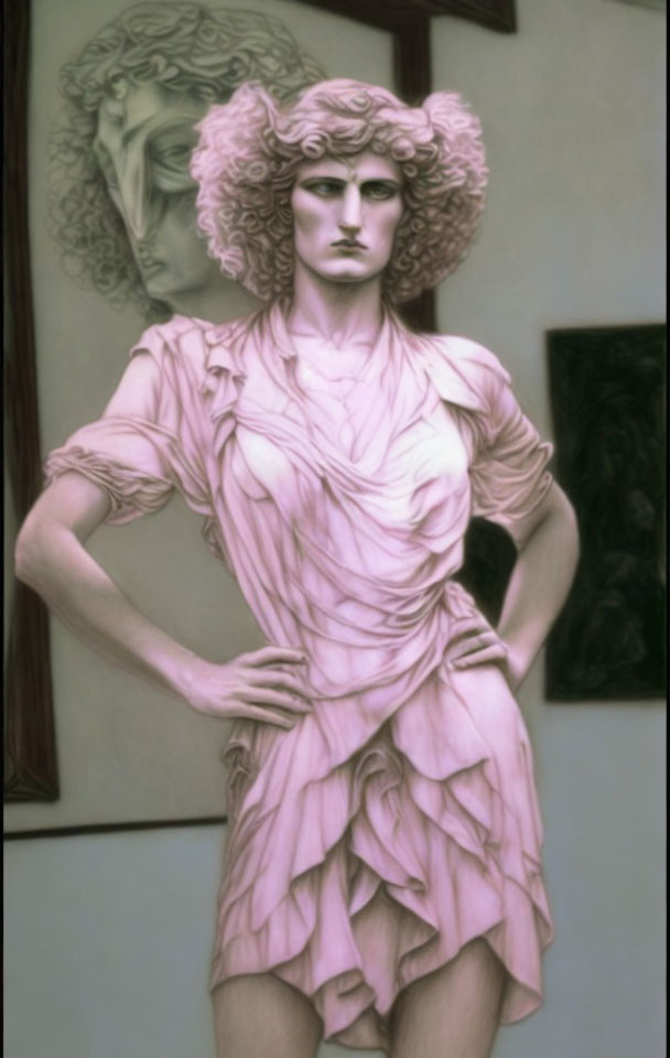 Classical statue of a woman with curly hair and draped clothing in hand-drawn image