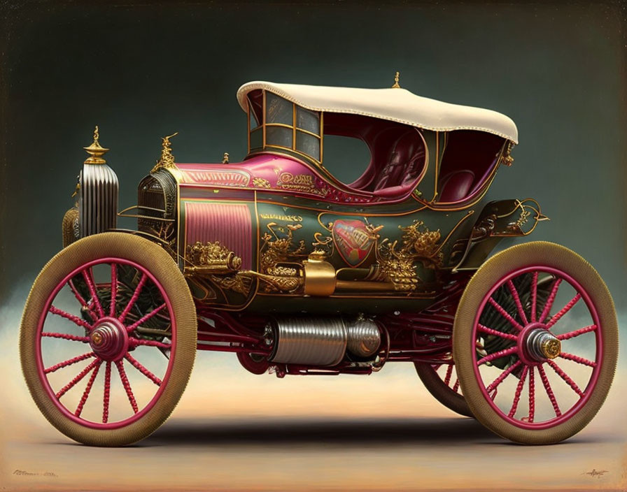 Vintage Car with Gold Detailing, Red Body, White Roof, Spoke Wheels