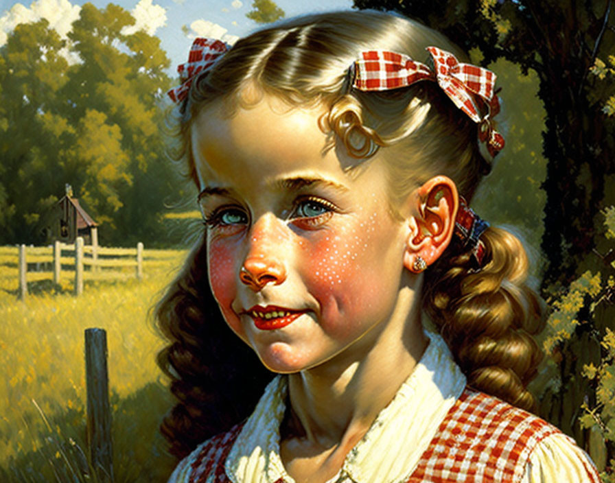 Young girl with plaits and bows in checkered outfit outdoors