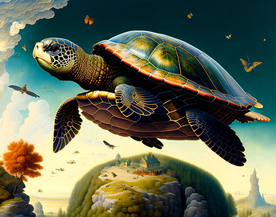 Colorful Turtle Flying Over Whimsical Landscape