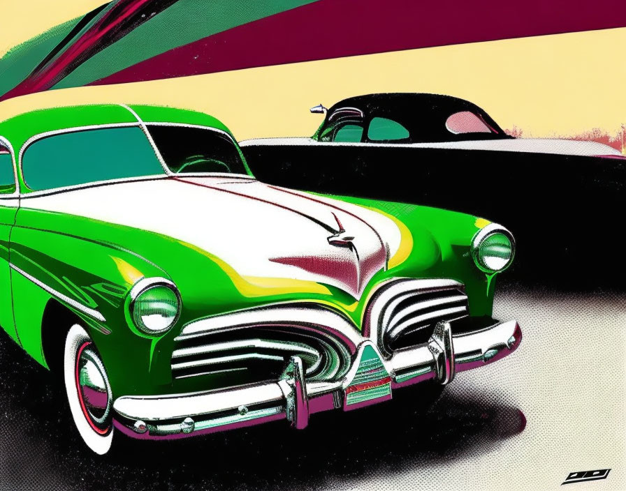 Stylized illustration of classic cars with green car in foreground on retro multicolored background