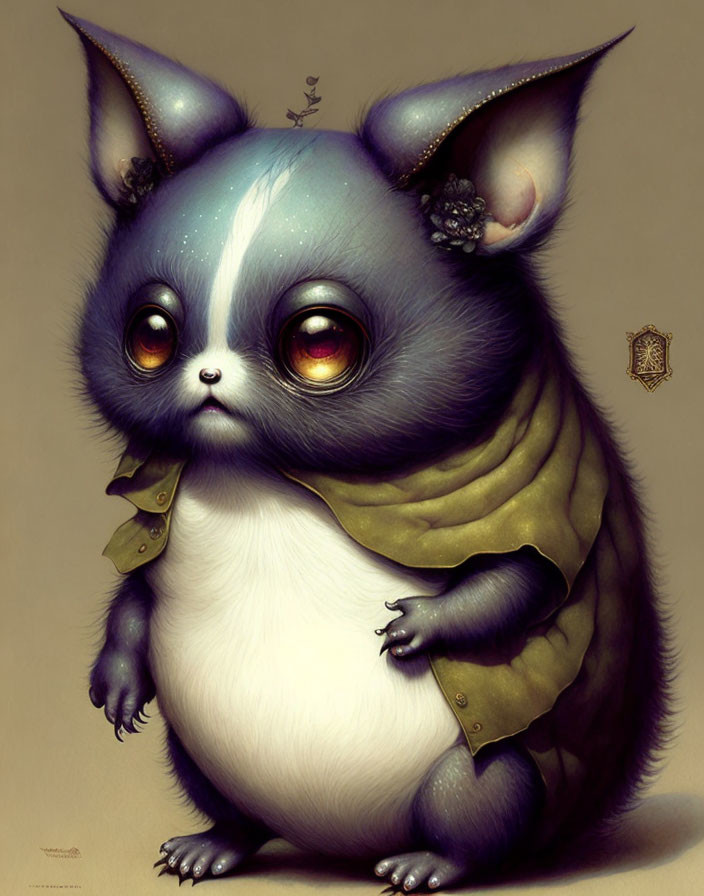 Fantastical creature illustration: bat and guinea pig mix with large eyes and ears.