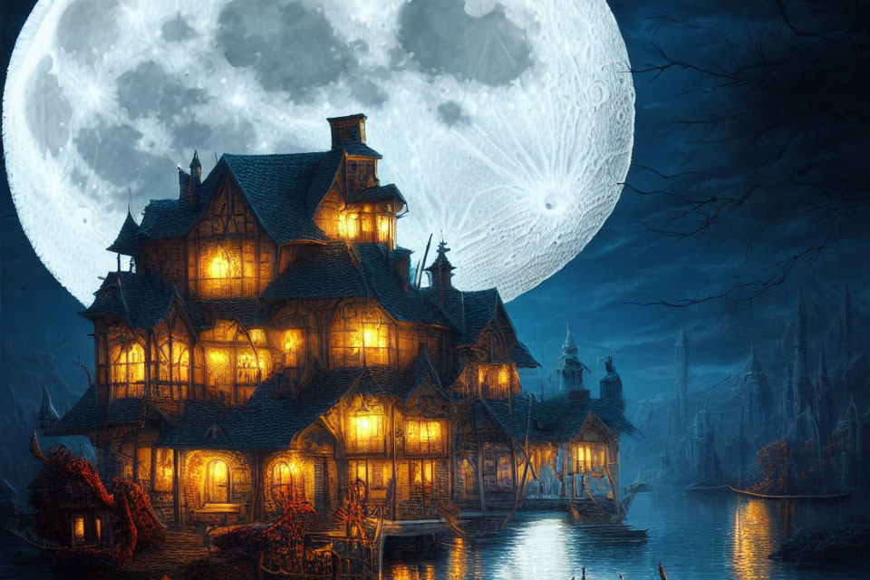 Victorian mansion by lake under full moon in haunting night scene