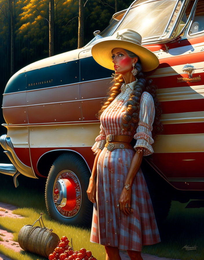 Vintage-styled woman in wide-brimmed hat and plaid dress by classic wood-paneled station