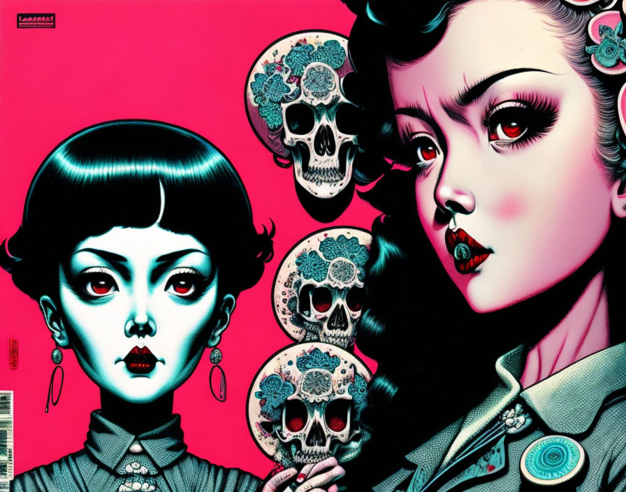 Vintage hairstyle woman with decorated skulls on red background in comic book style