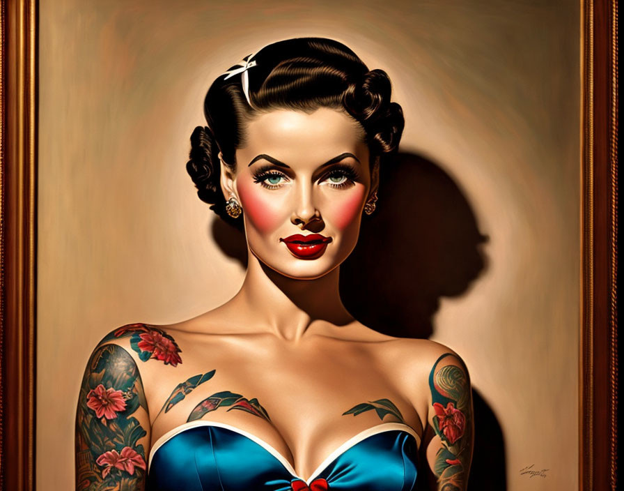 Vintage-style woman with tattoos, blue top, styled hair, classic makeup in framed painting