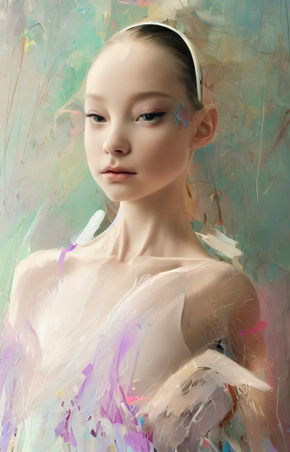 Serene young girl portrait with pastel strokes and vibrant colors