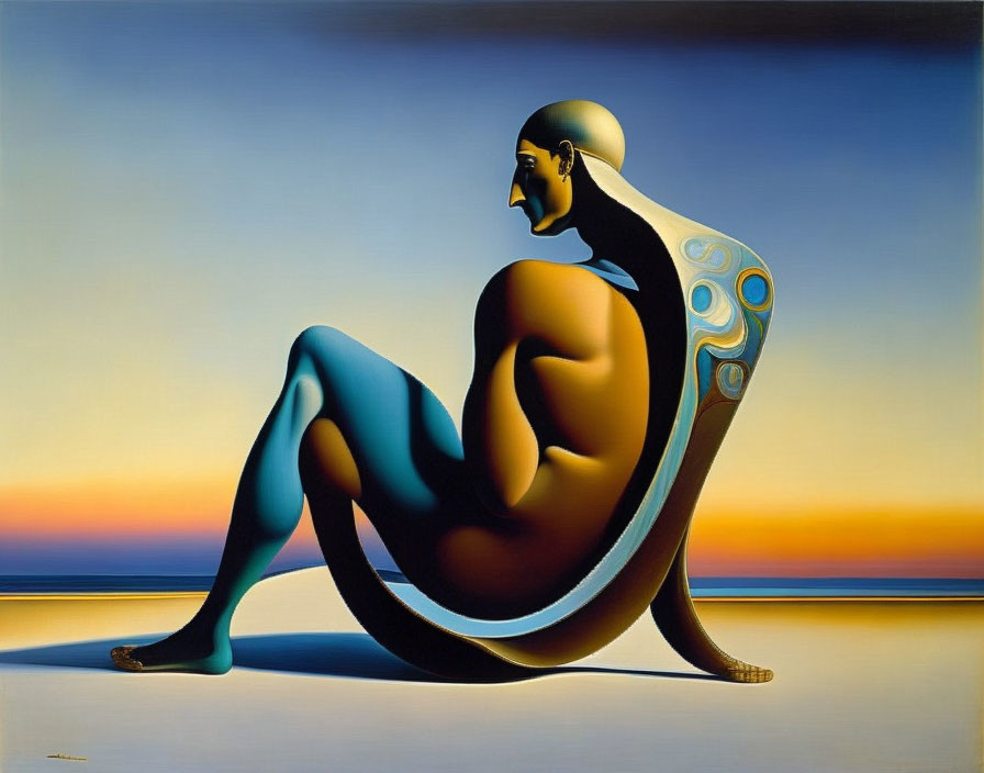 Surrealist painting: Seated female figure with elongated limbs in twilight sky