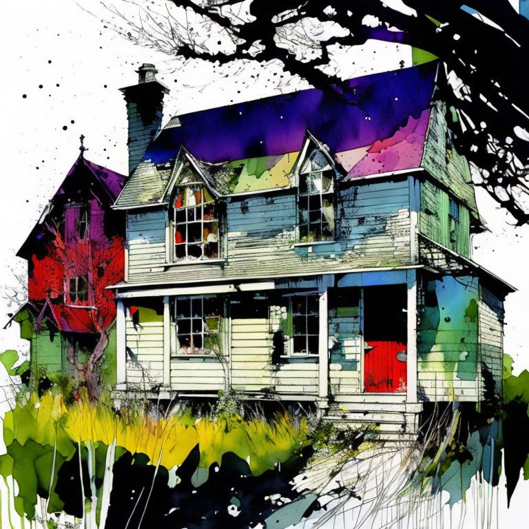 Colorful Watercolor-Style Illustration of Two-Story House